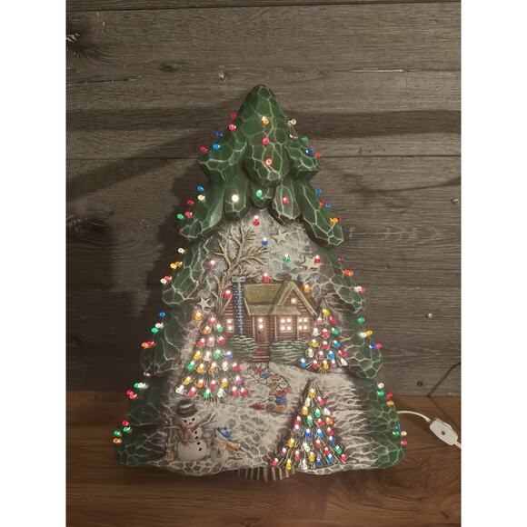 Rare Ceramic Christmas Tree 17.5” Cabin Scene Snowman Lighted 147 Lights Lamp - Picture 3 of 15